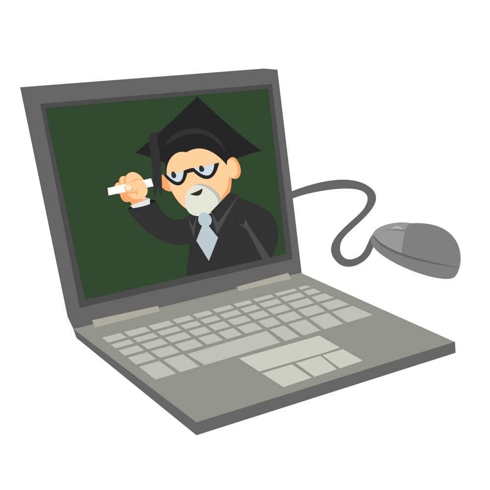 Professor with a barb in front of a computer